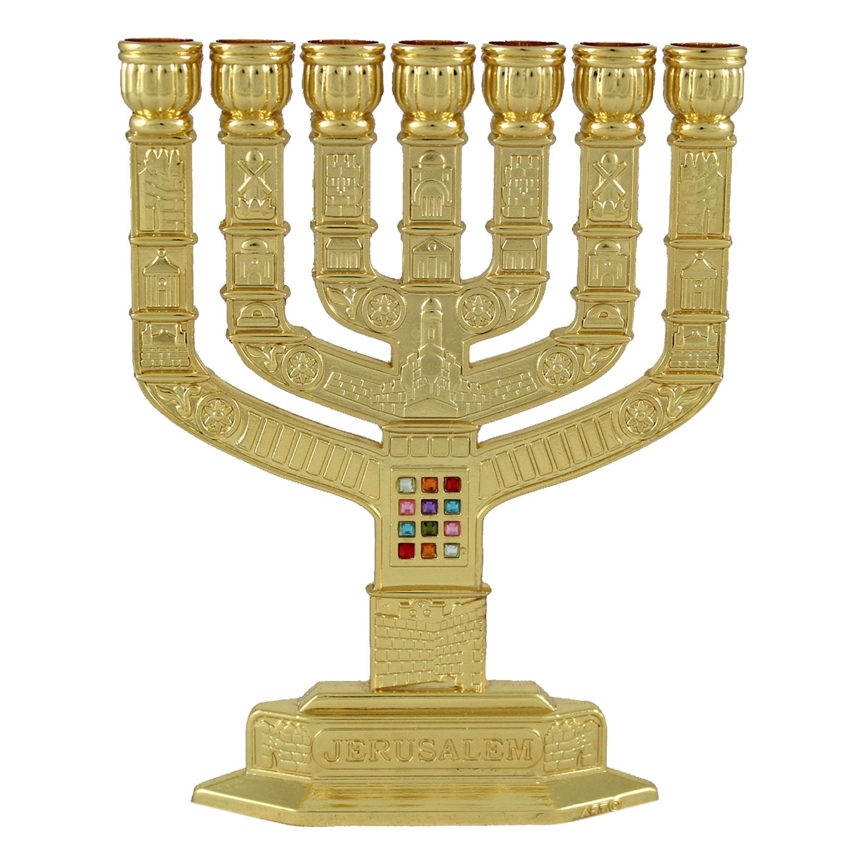 Gold-Plated 12 Tribes of Israel (Hoshen) 7-Branch Engraved Jerusalem Menorah  - 1