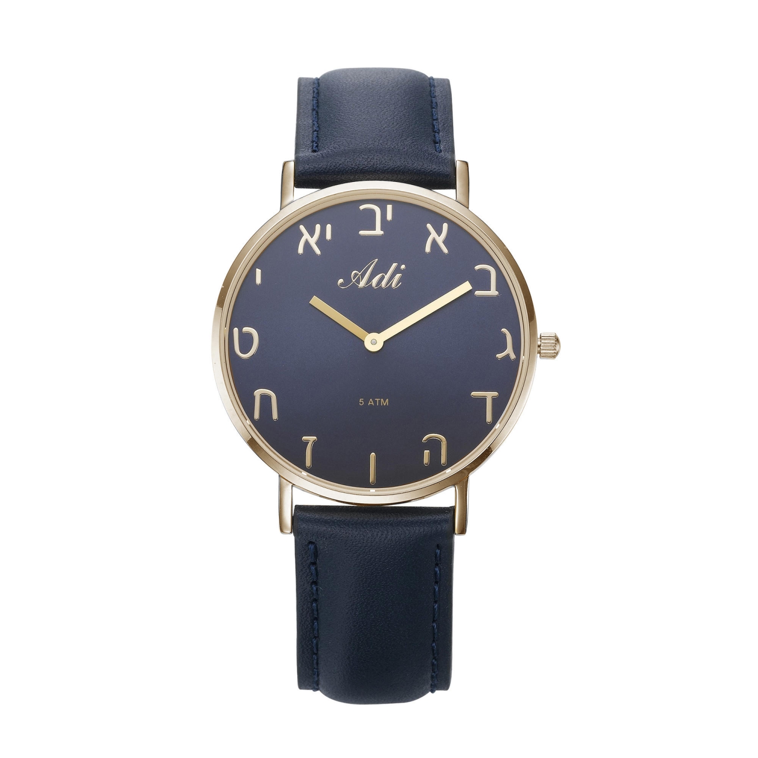 Adi Blue Gold Plated and Leather Hebrew Letters Watch - 1
