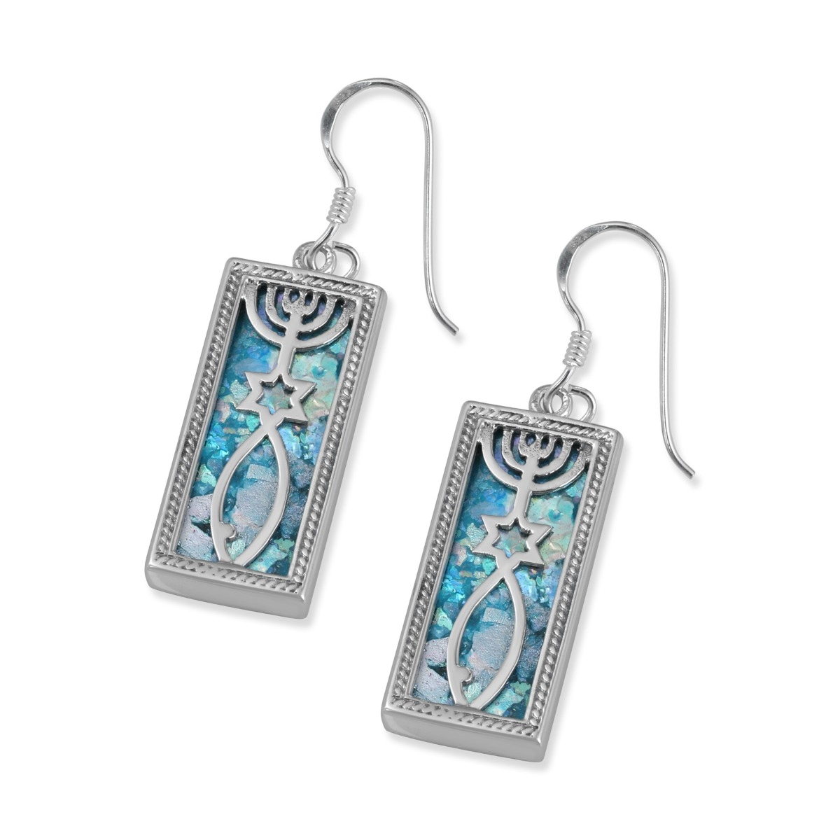 Noa Studios Sterling Silver and Roman Glass Filigree Rectangle Grafted-In Earrings - 1