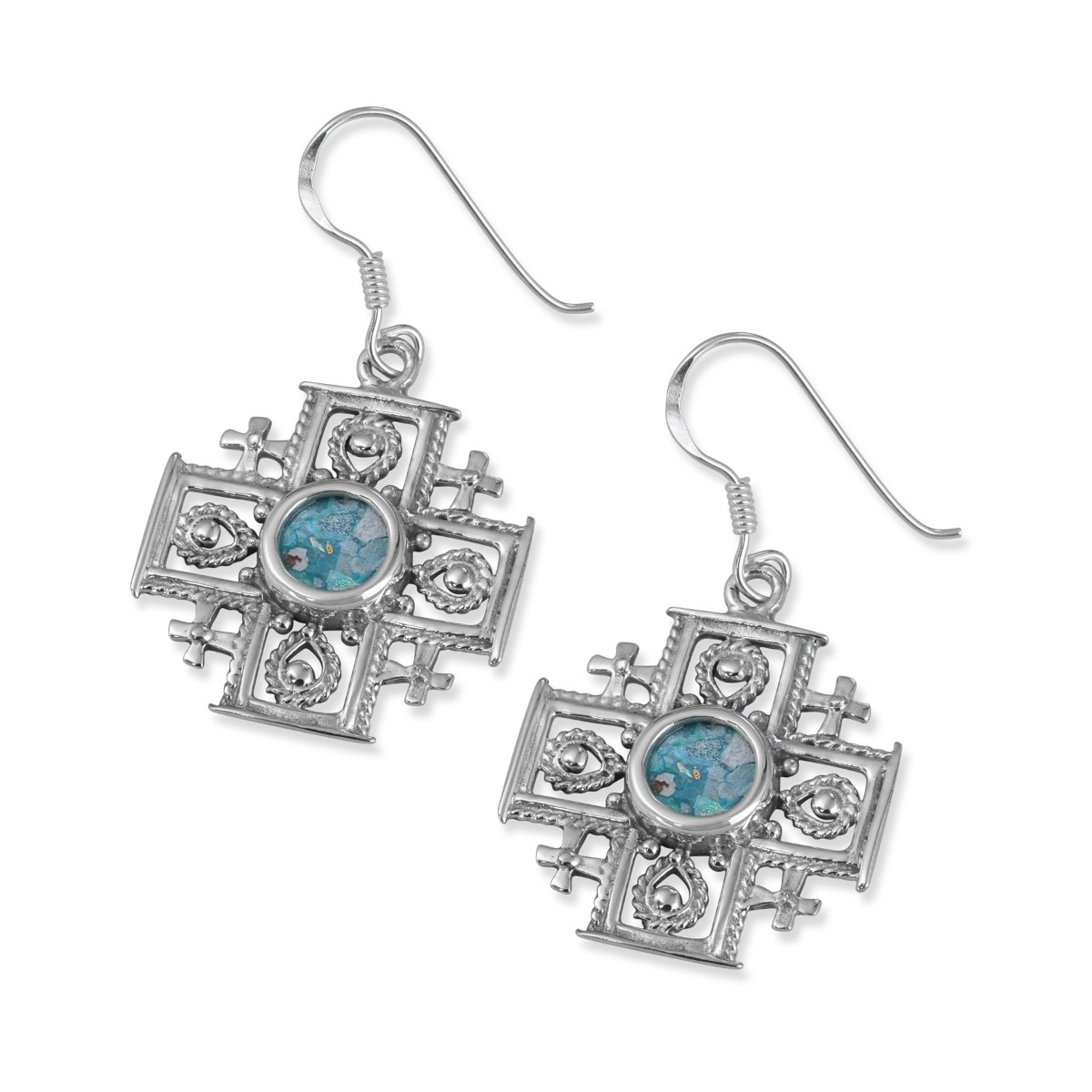 Noa Studios Sterling Silver and Roman Glass Filigree Jerusalem Cross Earrings - 1