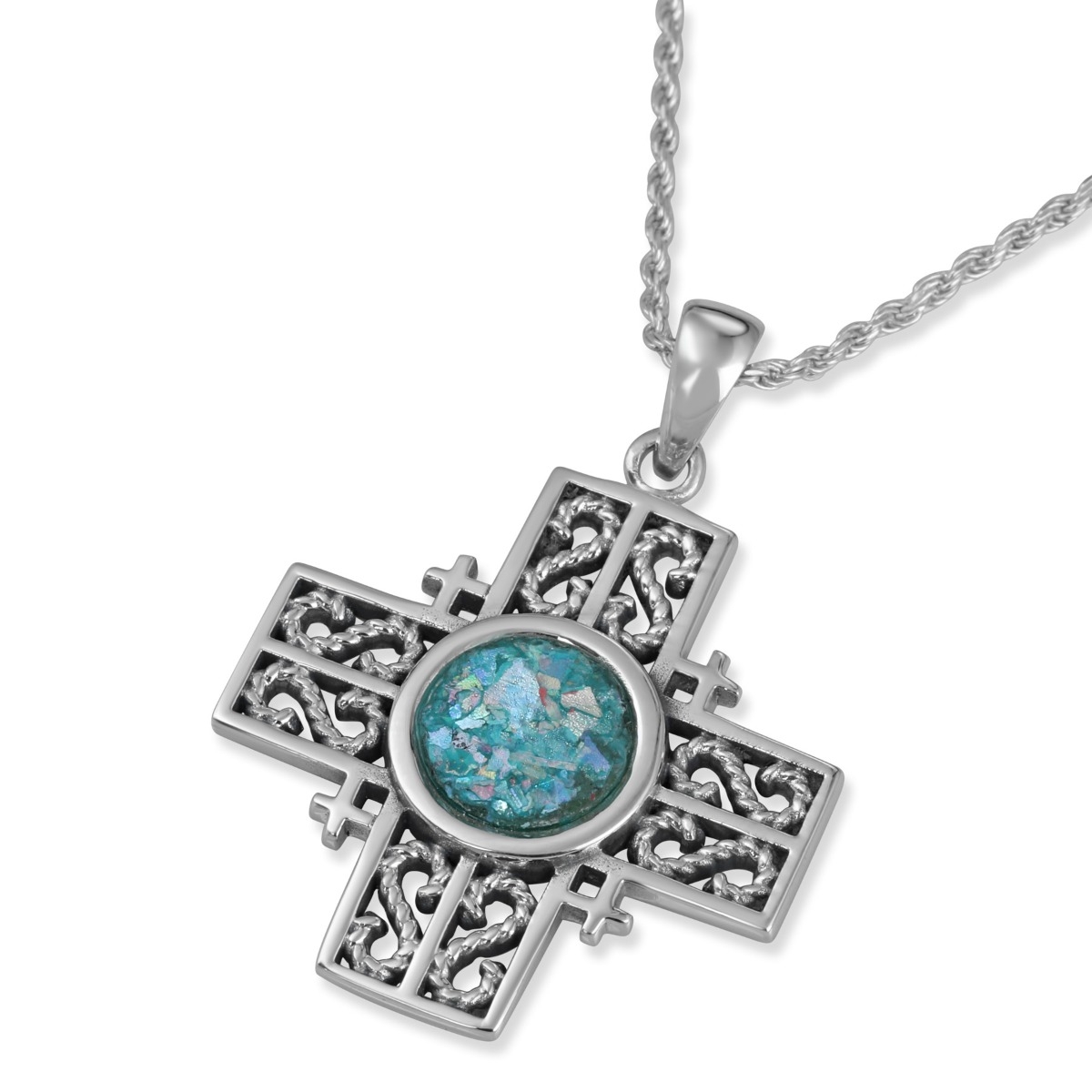 Noa Studios Sterling Silver and Roman Glass Filigree Jerusalem Cross Necklace - 1