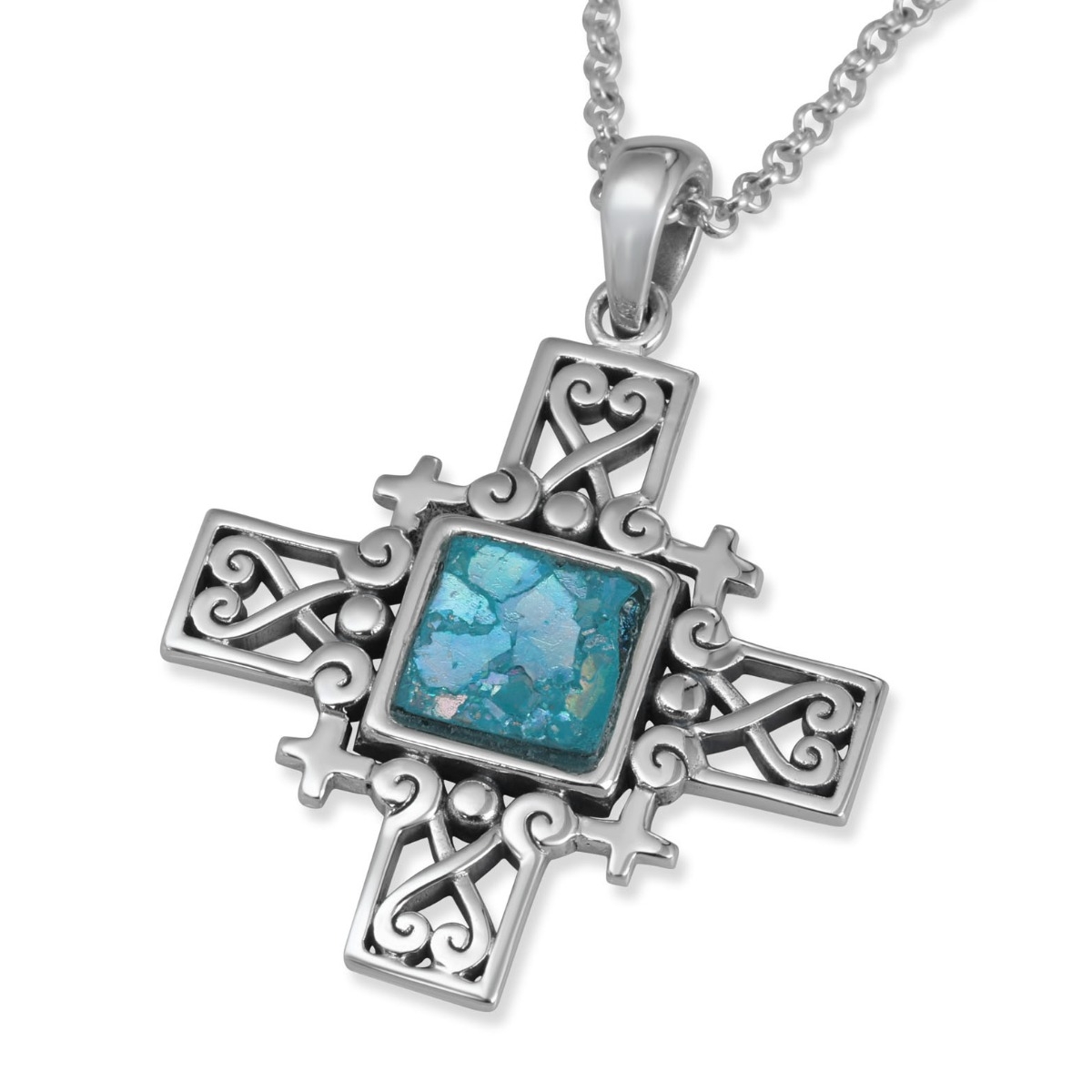 Noa Studios Sterling Silver and Roman Glass Swirls Jerusalem Cross Necklace - 1