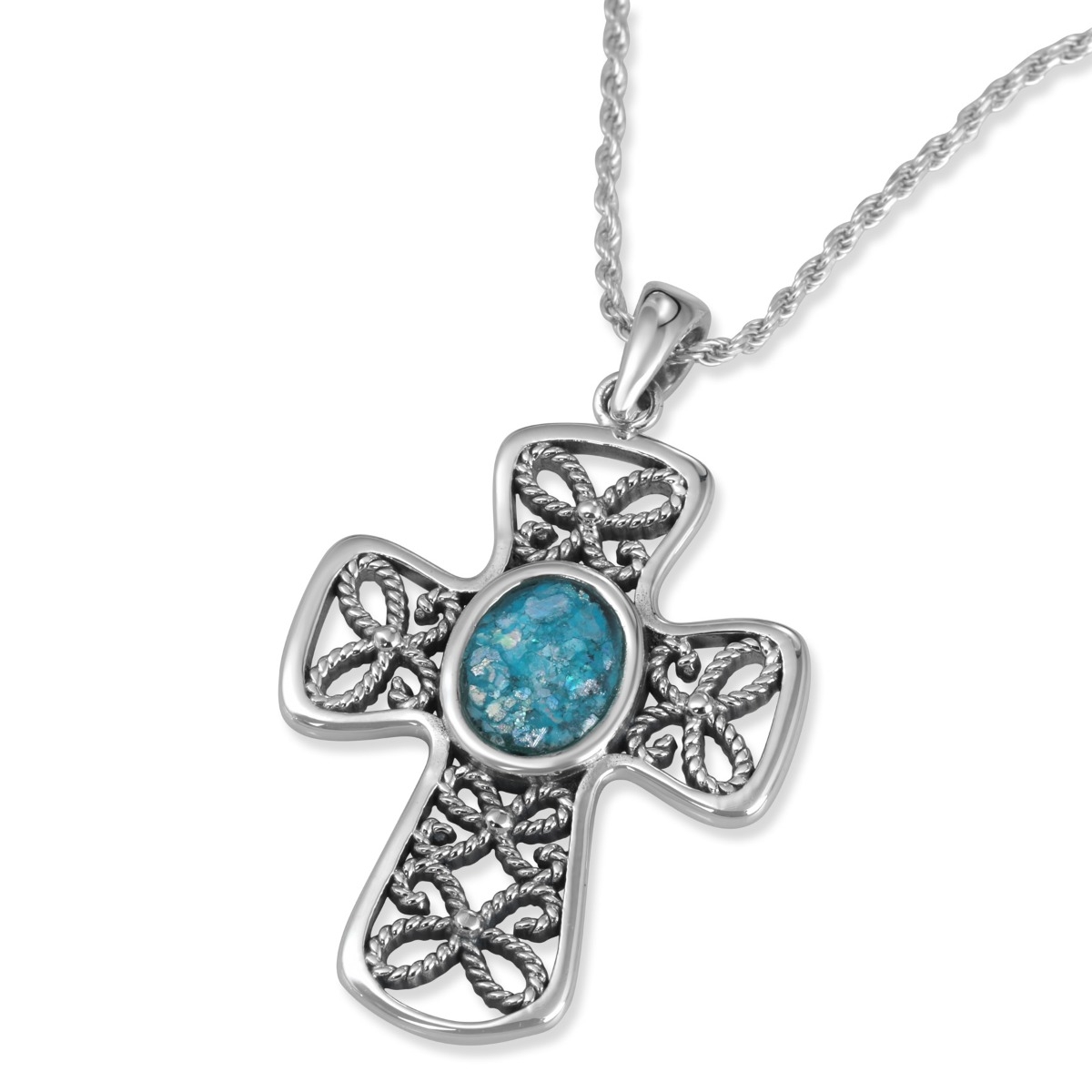 Noa Studios Sterling Silver and Roman Glass Filigree Knots Rounded Latin Cross Necklace - 1