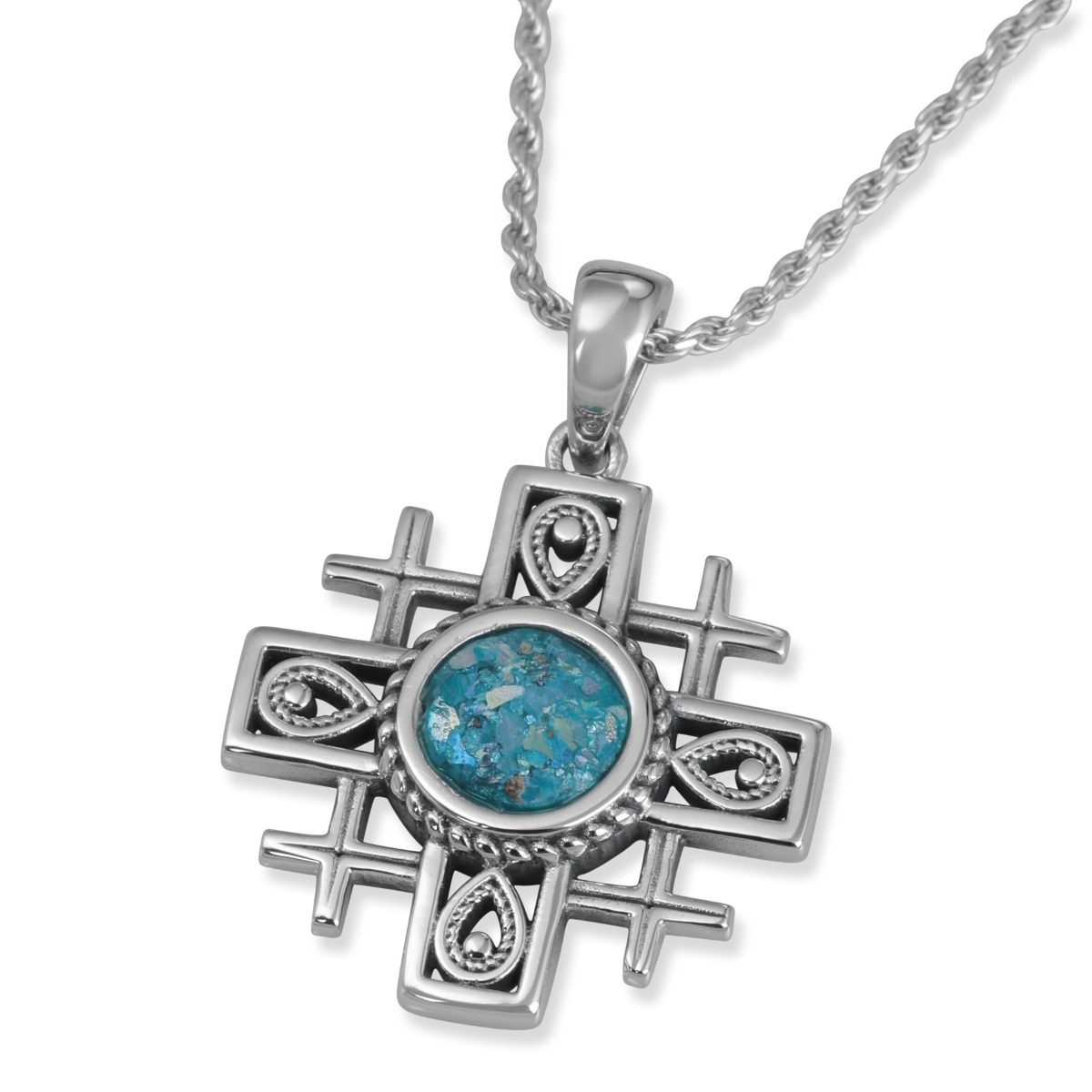 Noa Studios Sterling Silver and Roman Glass Jerusalem Cross Necklace - 1