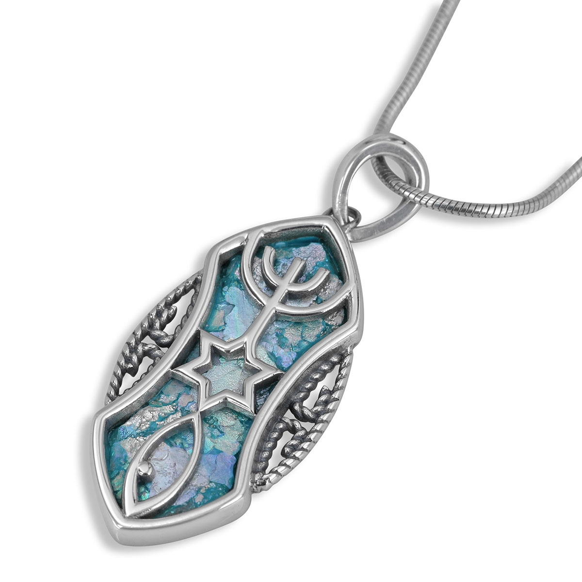 Sterling Silver and Roman Glass Filigree Marquise Grafted-In Messianic Seal Necklace - 1