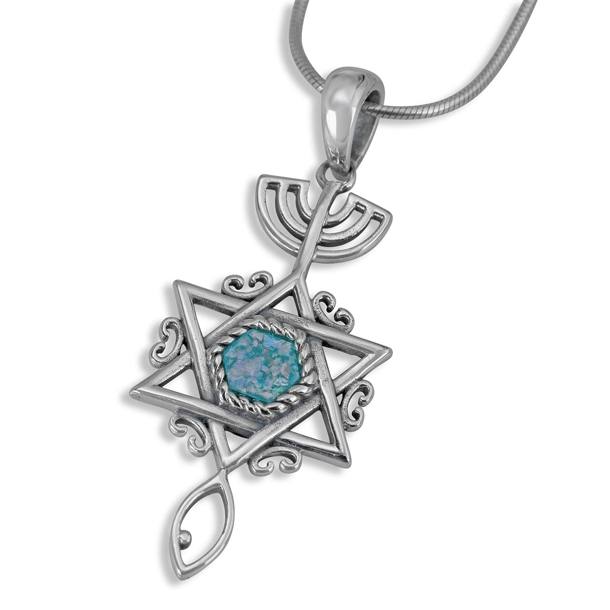 Sterling Silver and Roman Glass Ornate Filigree Messianic Seal Grafted-In Necklace  - 1