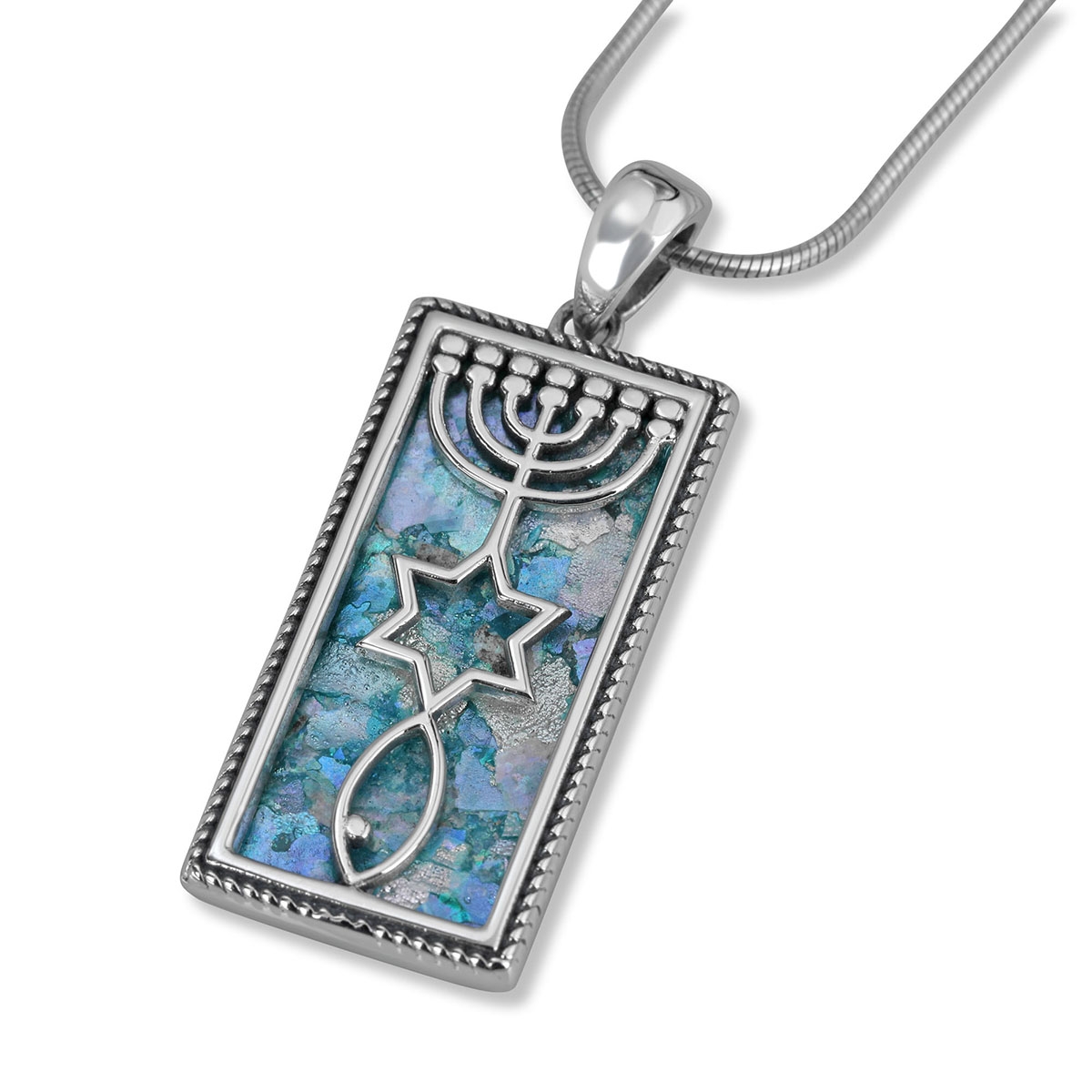 Rectangular Sterling Silver and Roman Glass Filigree Grafted-In Messianic Seal Necklace - 1