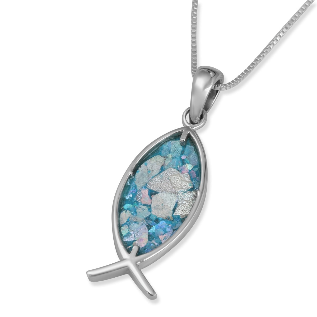 Noa Studios Sterling Silver and Roman Glass Ichthus Necklace - 1