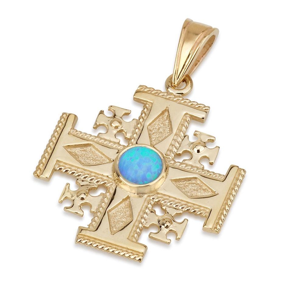 Ben Jewelry 14K Gold Decorative Jerusalem Cross Pendant with Opal Stone - 1