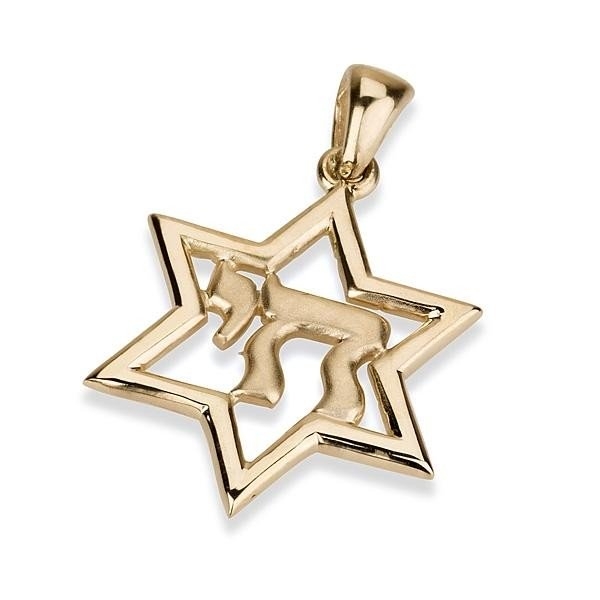Ben Jewelry 14K Gold Star of David Pendant with Chai  - 1