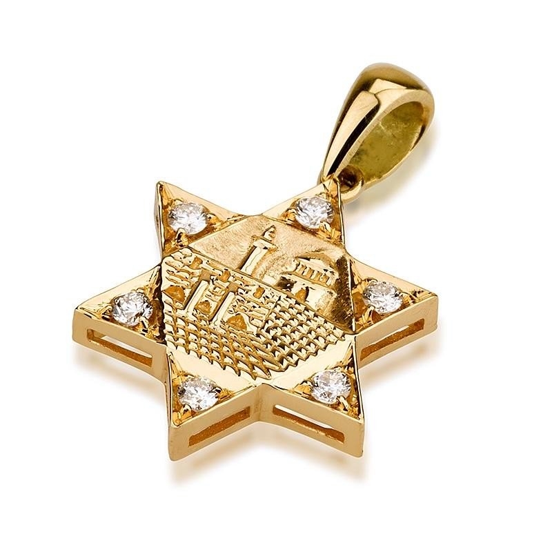 Ben Jewelry Gold Star of David Pendant with Old Jerusalem Motif and Diamonds - 1