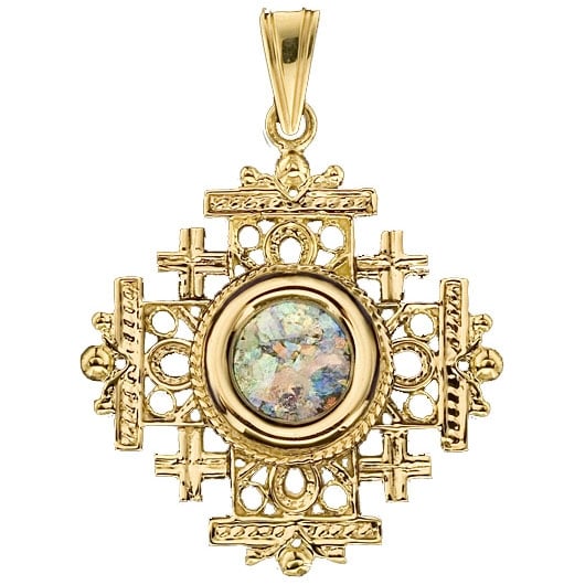 Ben Jewelry 14K Gold and Roman Glass Ornate Filigree Jerusalem Cross Pendant  - 1