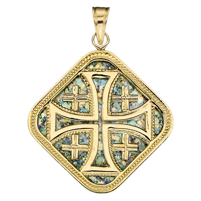 Ben Jewelry 14K Gold and Roman Glass Framed Filigree Jerusalem Cross Pendant   - 1
