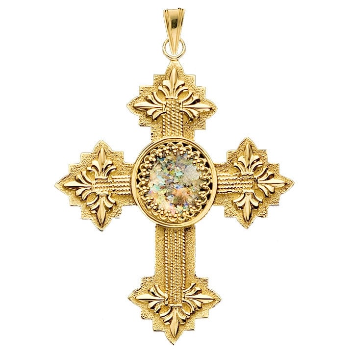 Ben Jewelry 14K Gold and Roman Glass Fleur De Lis Filigree Budded Cross Pendant - 1
