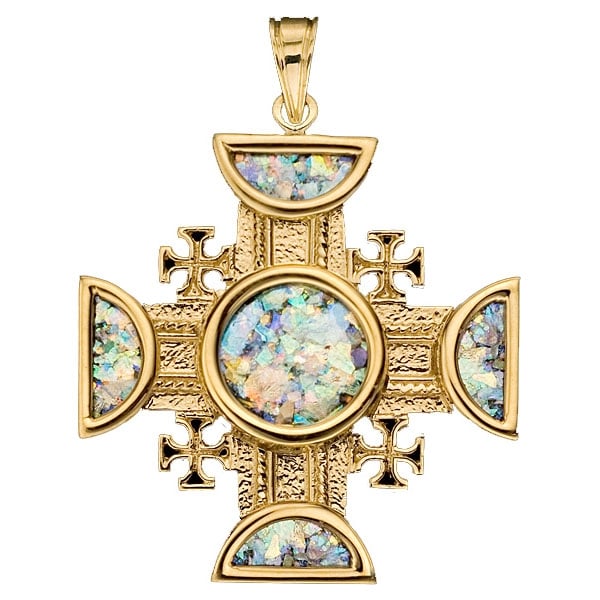 Ben Jewelry 14K Gold and Roman Glass Ornate Jerusalem Cross Pendant  - 1