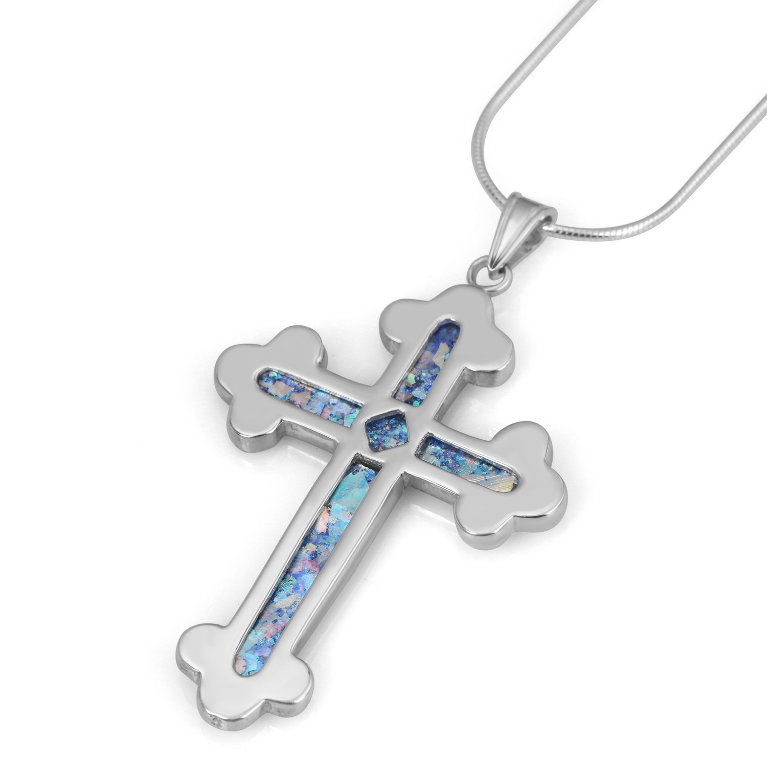 Sterling Silver and Roman Glass Holy Trinity Budded Cross Pendant - 1