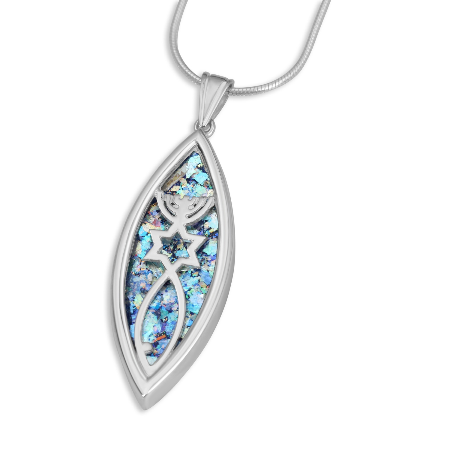 Sterling Silver and Roman Glass Messianic Grafted-In Marquise Pendant - 1
