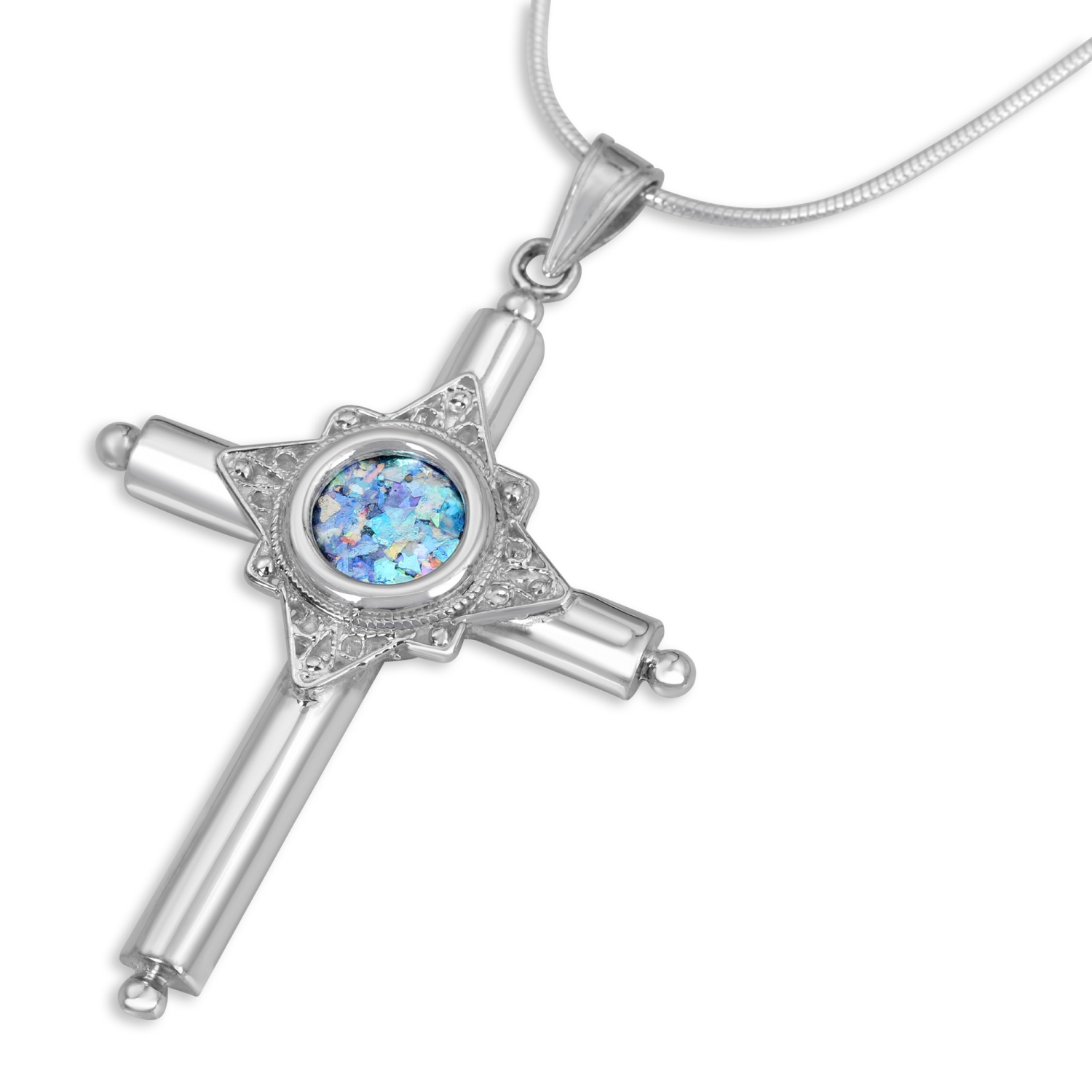 Sterling Silver and Roman Glass Star of Bethlehem Filigree Cross Pendant - 1