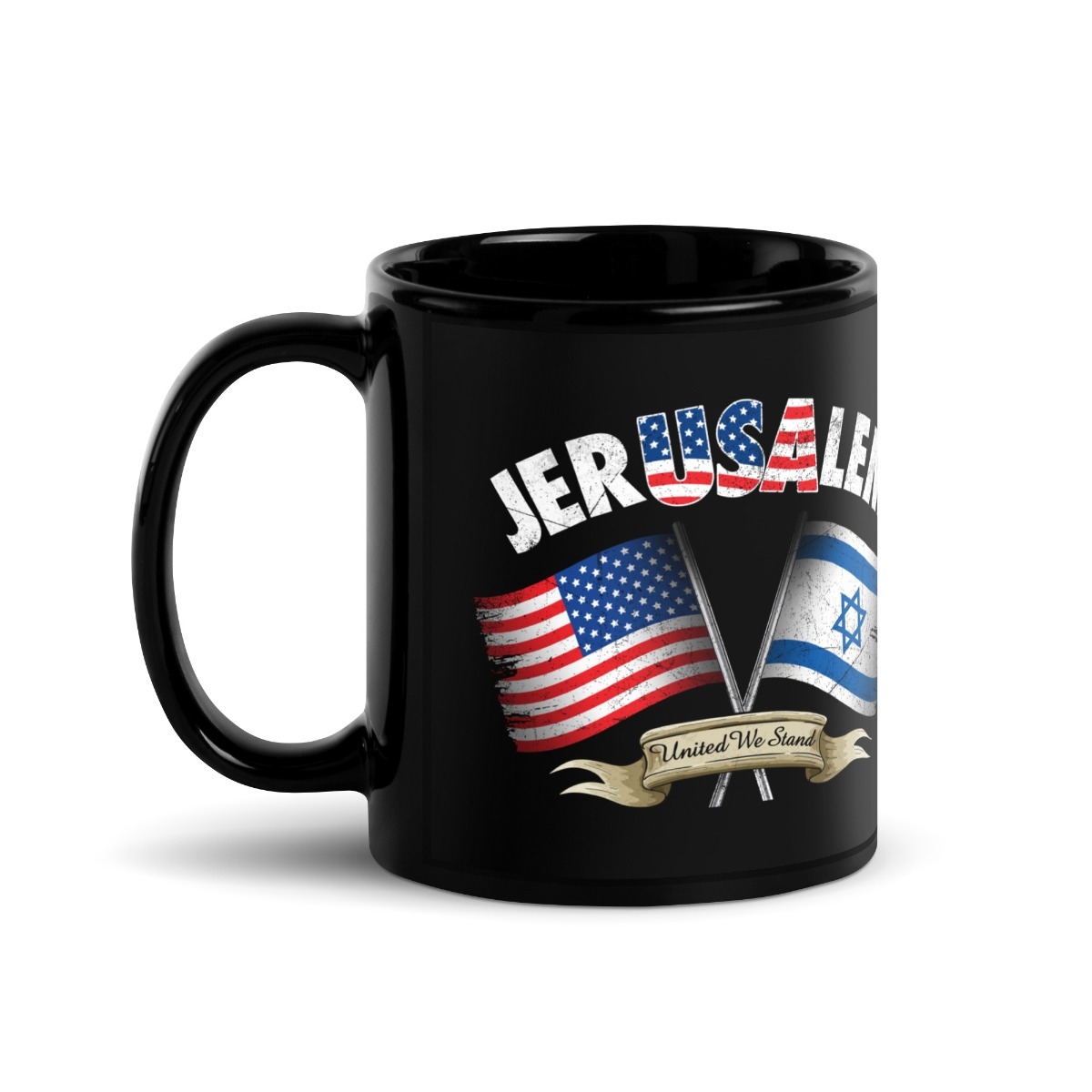 Jerusalem and USA - United We Stand Glossy Black Mug - 1