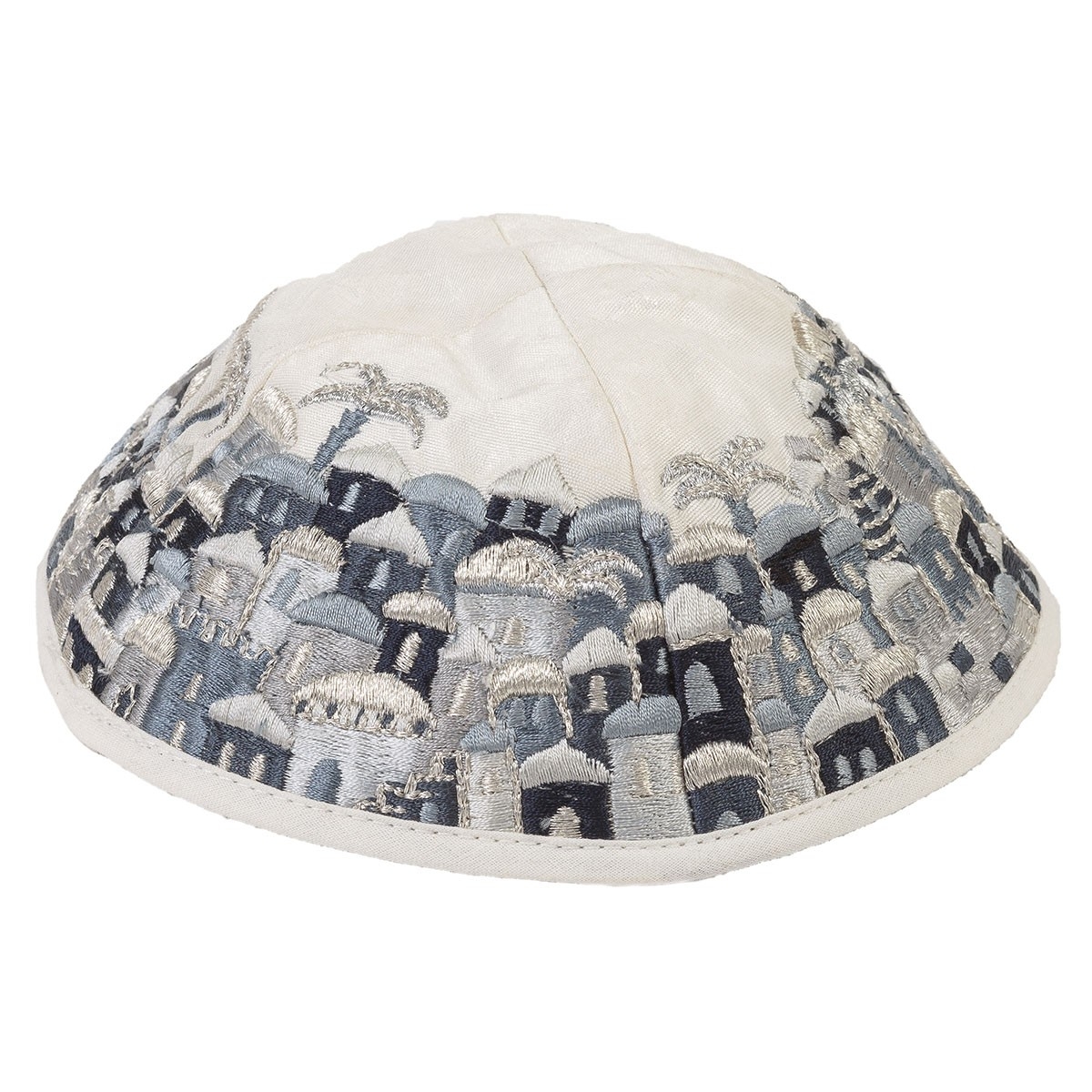 Black and White Kippah Embroidered with Jerusalem View - 1
