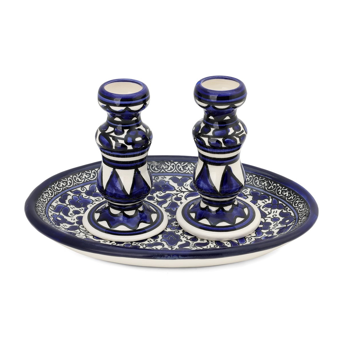 Armenian Ceramics Blue Sabbath Candlesticks Set With Floral Design - 1