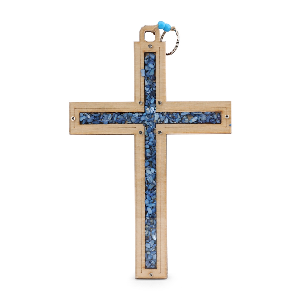 Wooden Cross Wall Hanging with Natural Blue Stones from the Holy Land - 1