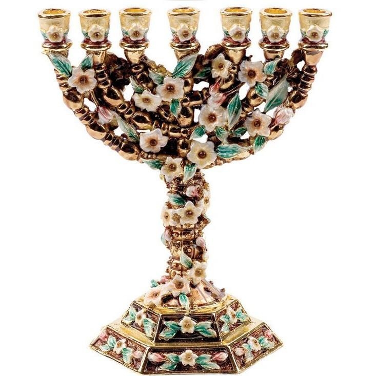Brown Enameled and Pewter Menorah with Emerald Crystals - Flowers - 1