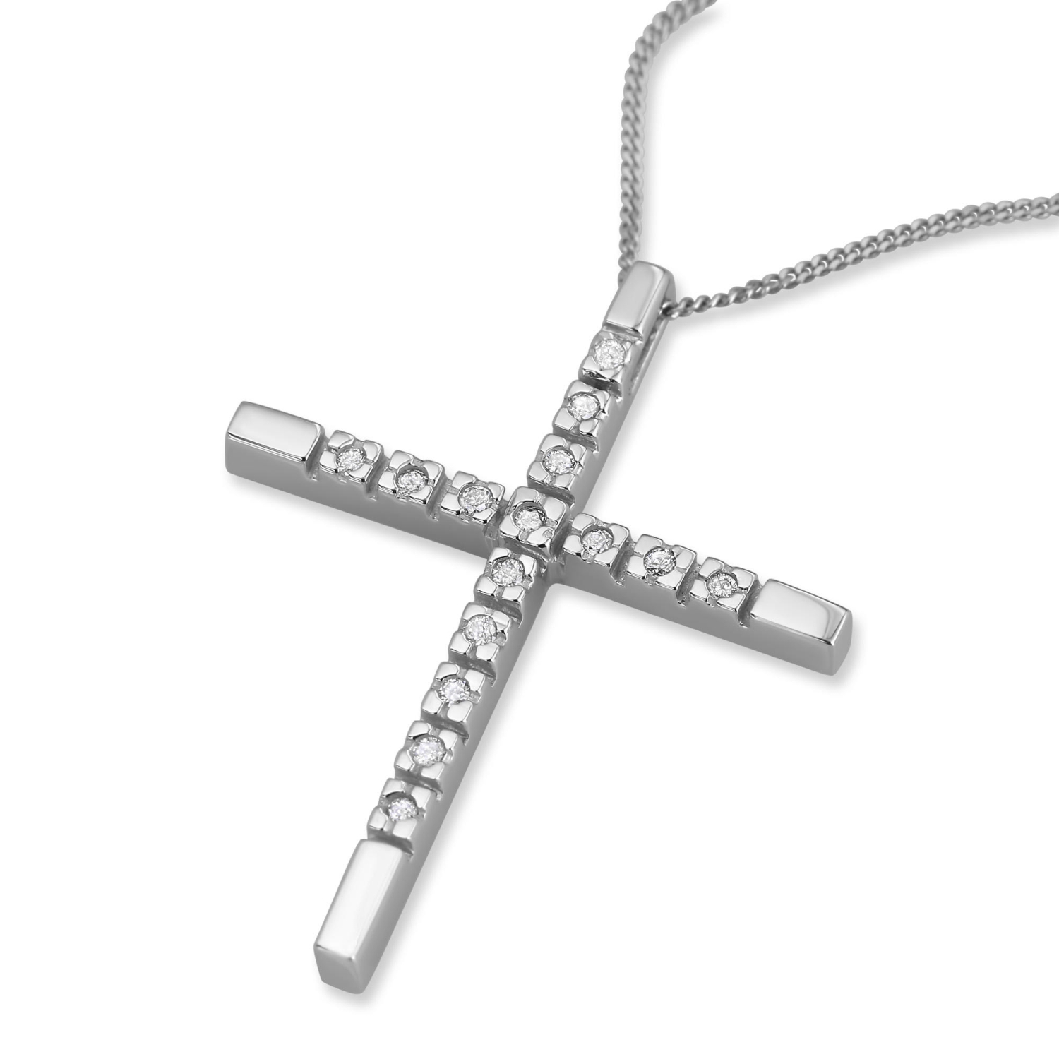 14K White Gold and Diamond Cross Necklace with 15 Diamonds - 1