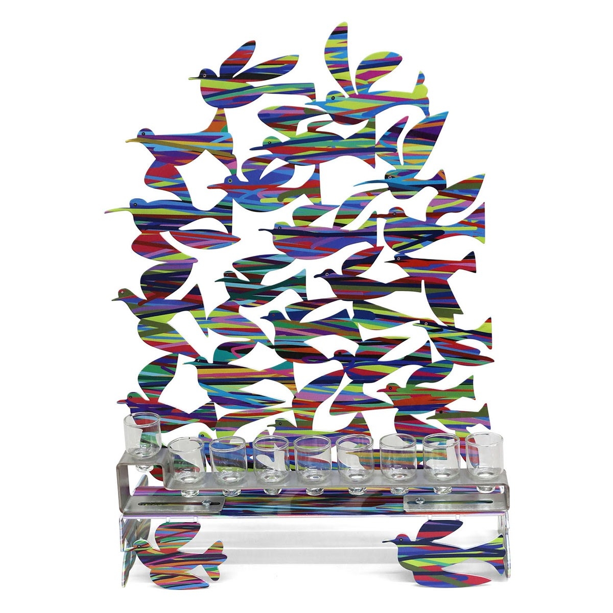 David Gerstein Steel Colorful Birds in Flight Double Sided Hanukkah Menorah Sculpture - 1