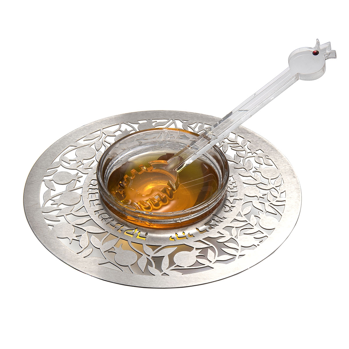 Dorit Judaica Stainless Steel & Glass Pomegranate Honey Dish - 1