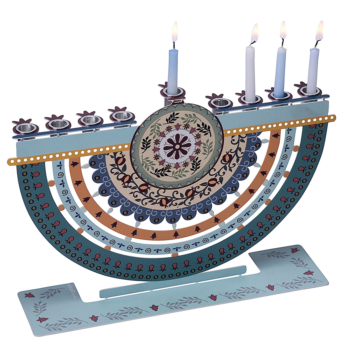Dorit Judaica Hanukkah Menorah With Laser-Cut Colorful Pomegranate Design - 1