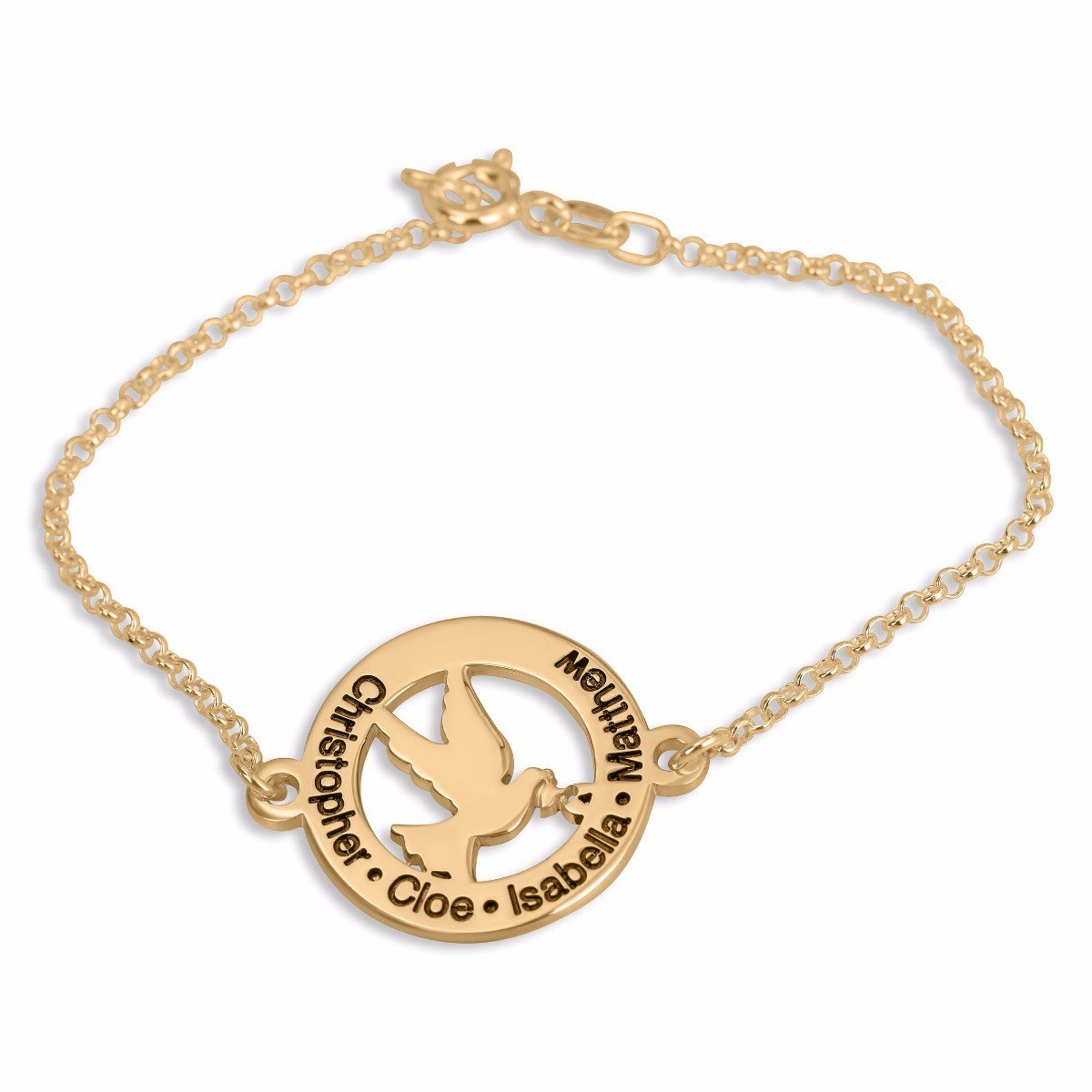 Double Thickness Gold-Plated Personalized Dove Bracelet (English or Hebrew) - 1
