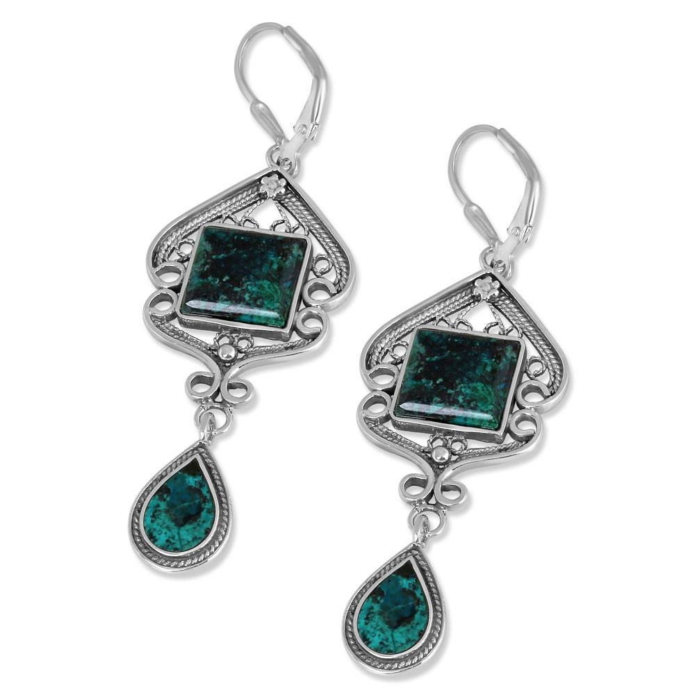 Eilat Stone and Sterling Silver Teardrop Hanging Earrings - 1