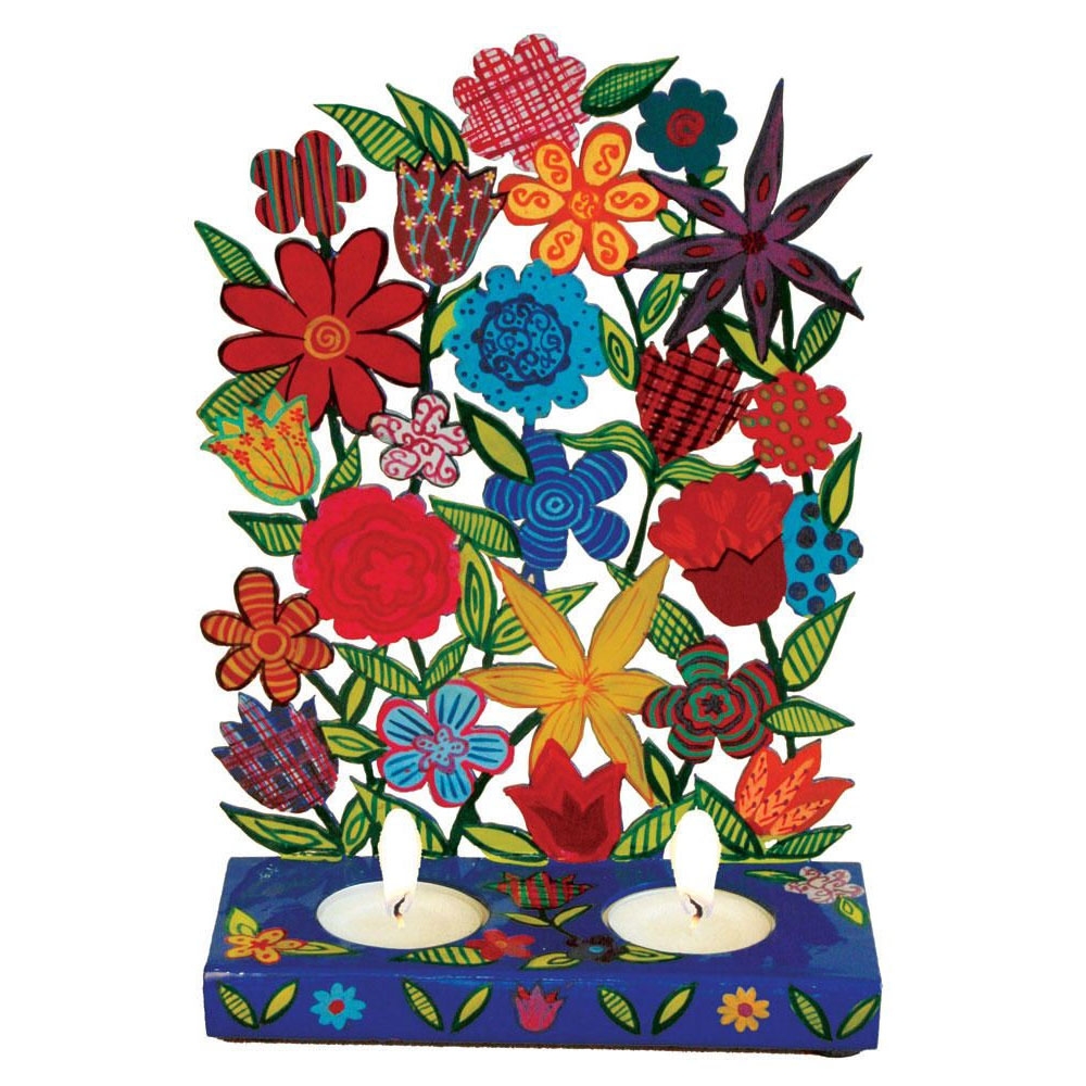  Yair Emanuel Hand Painted Floral Bouquet Metal Candle Holder - 1