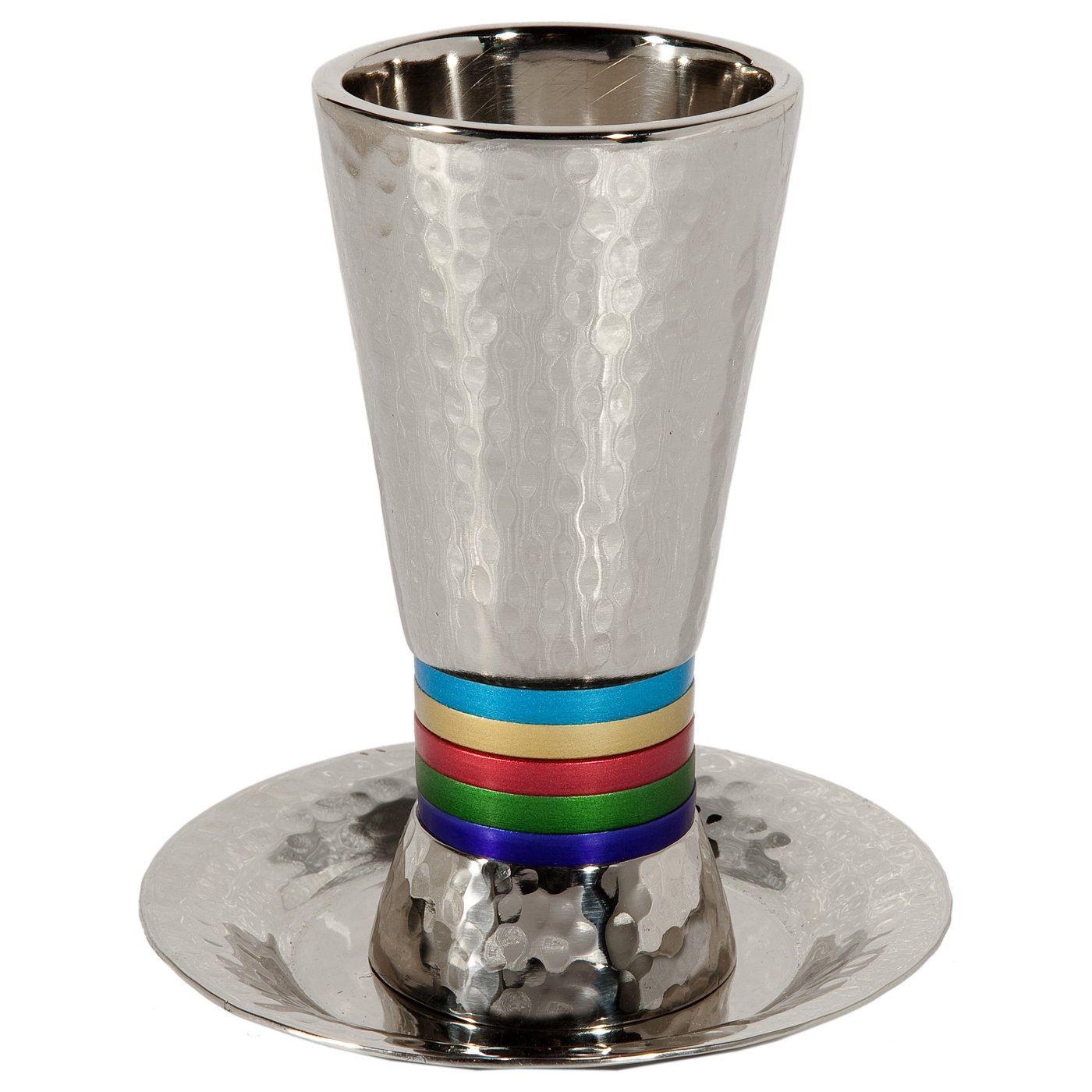 Yair Emanuel Textured Nickel 5-Bands Kiddush Cup with Plate  - 1