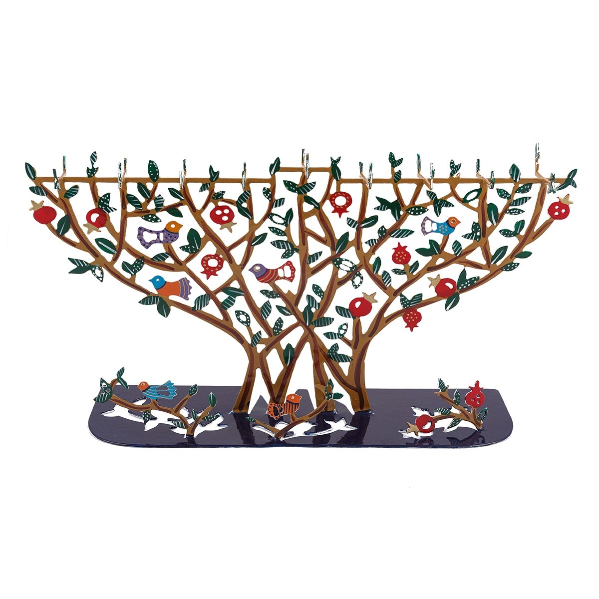 Yair Emanuel Painted Metal Pomegranate Tree and Birds Cutout Hanukkah Menorah - 1