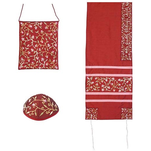 Yair Emanuel Poly Silk Floral Embroidered Women's Prayer Shawl Set with Tallit Shoulder Bag (Red) - 1