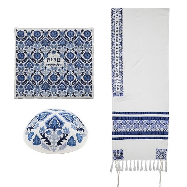 Yair Emanuel Embroidered Cotton Blue Floral Prayer Shawl Set - 1