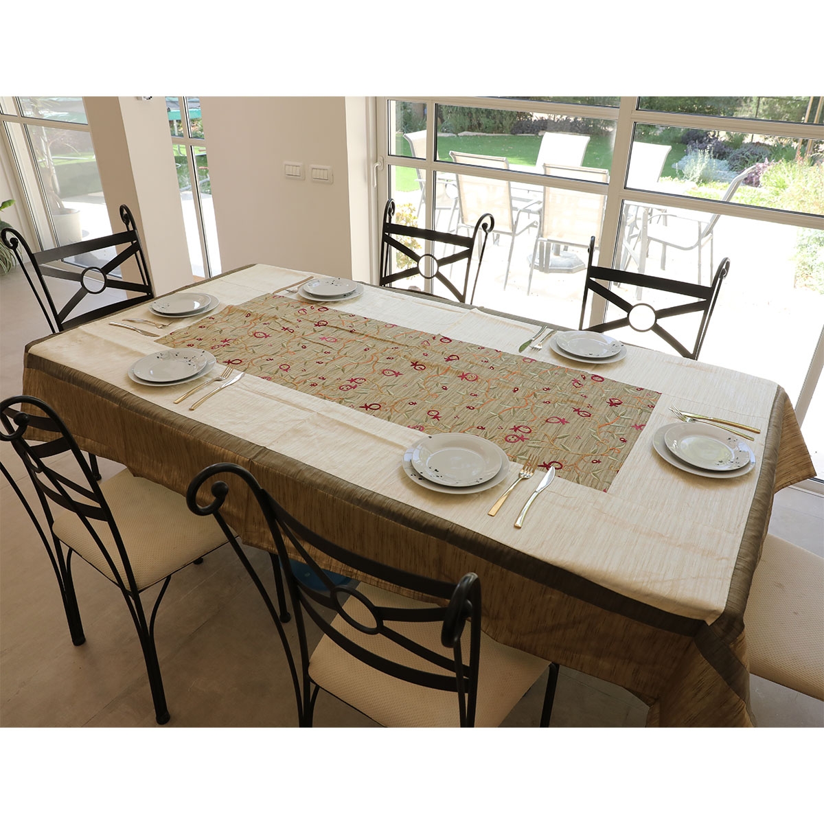 Pomegranates: Yair Emanuel Giant Deluxe Embroidered Festive Table Cloth - Gold - 1