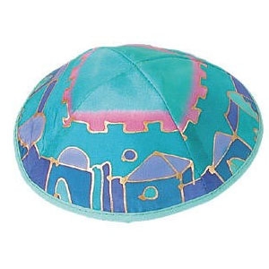 Yair Emanuel Jerusalem Hand Painted Silk Kippah (Turquoise) - 1