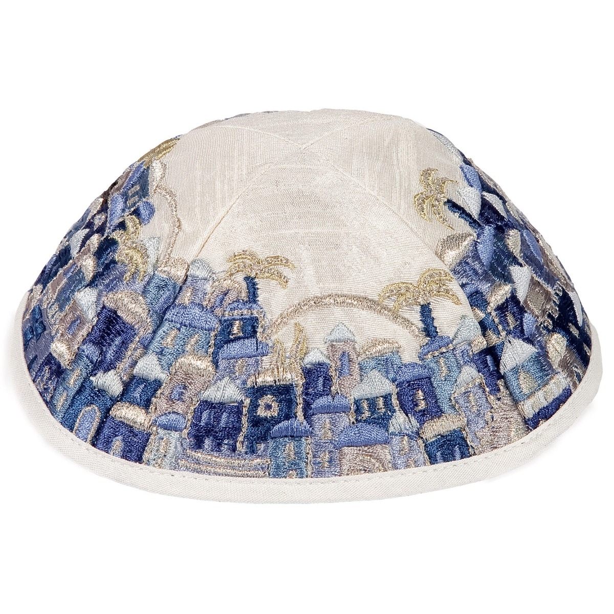 Yair Emanuel Embroidered Cotton Kippah with Jerusalem Design (Blue) - 1