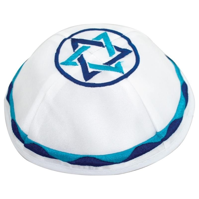 Blue Two-Toned Embroidered Star of David Satin Kippah - 1