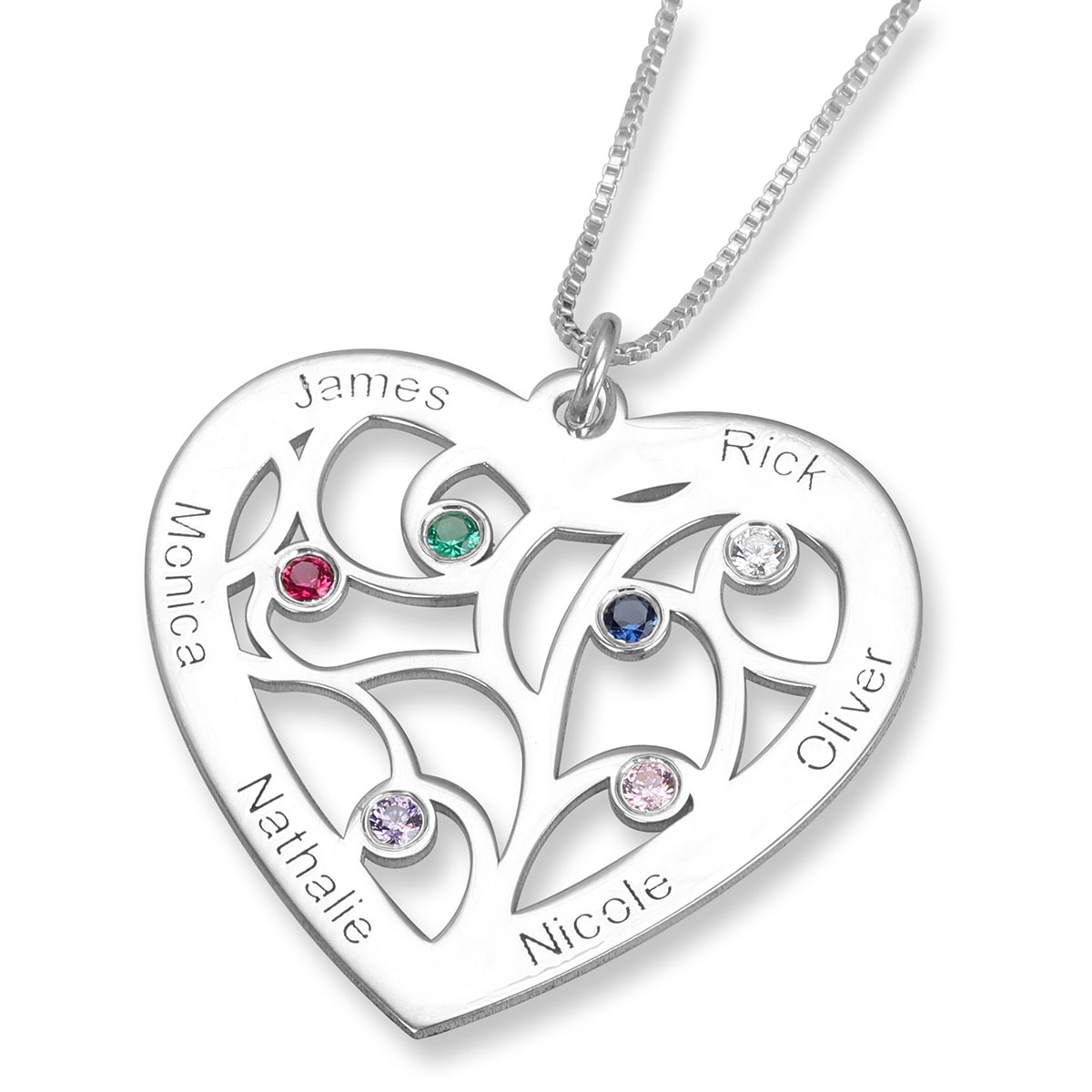 English/Hebrew Heart-Shaped Name Necklace With Family Tree Design and Birthstones - 1