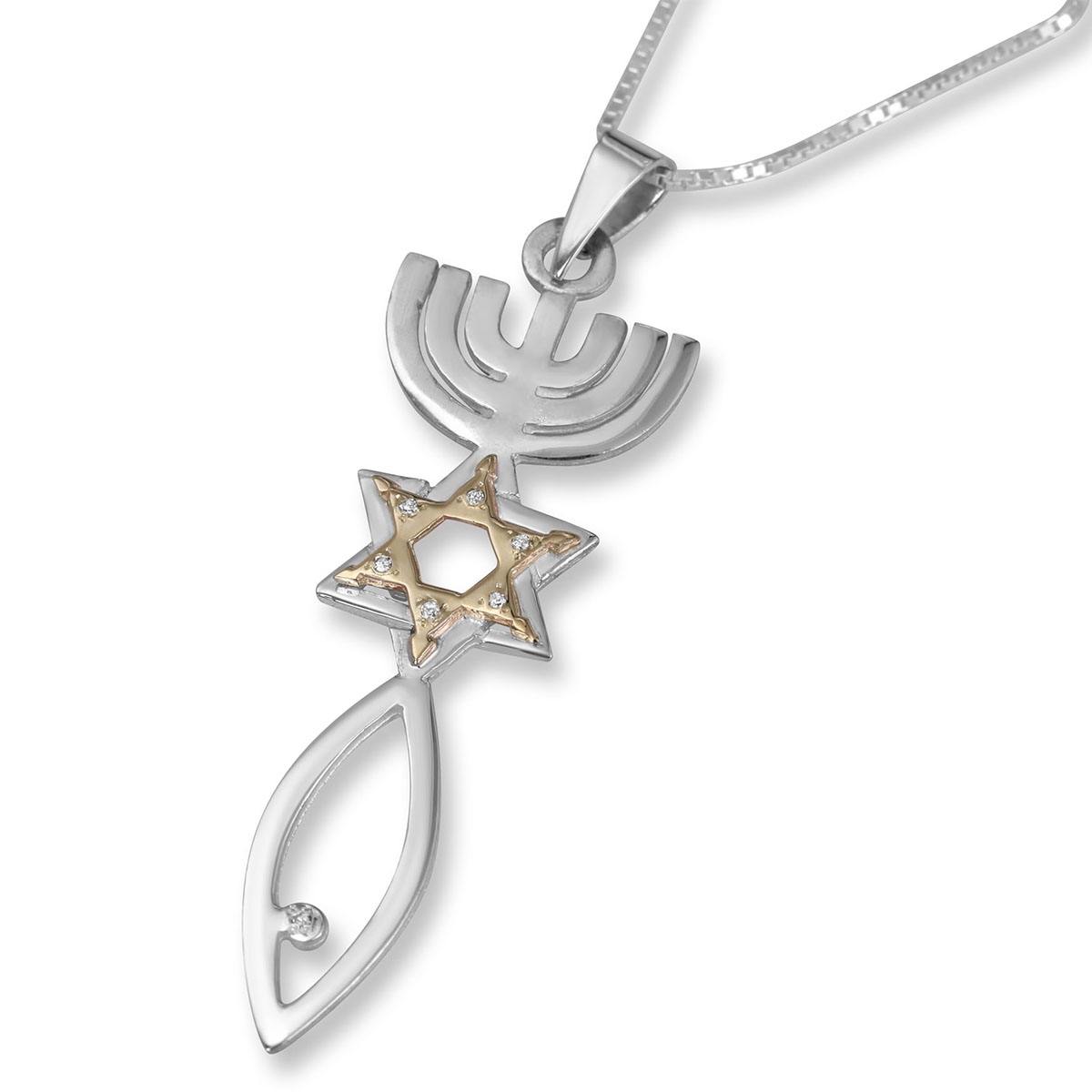 Sterling Silver, 9K Gold, and Diamond Messianic Seal Grafted-In Pendant - 1