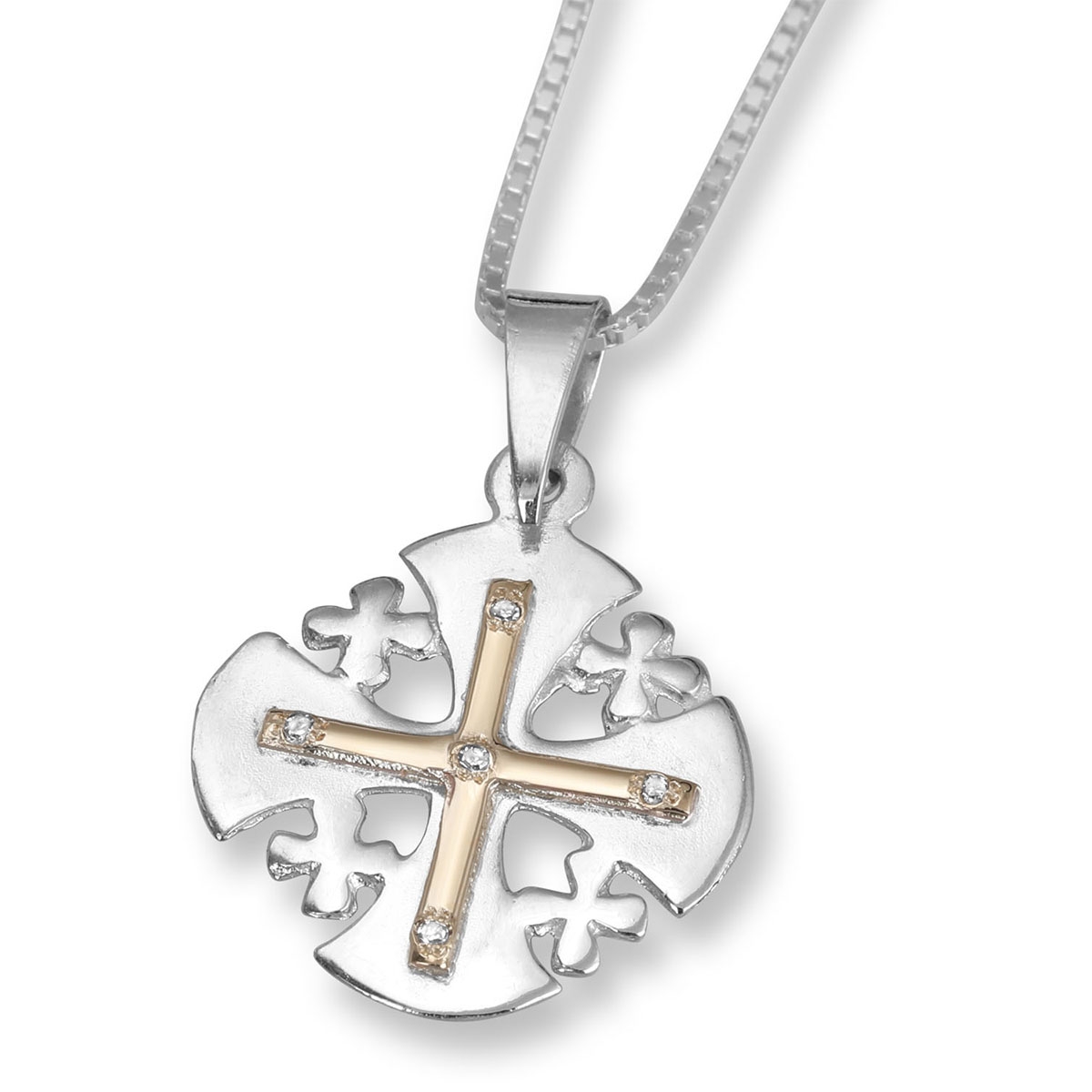 Sterling Silver and 9K Gold Rounded Jerusalem Cross Pendant with Diamonds - 1