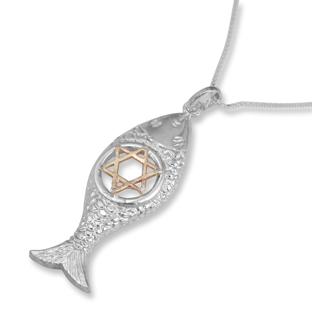 Sterling Silver and 9K Gold Ichthus Fish Pendant with Star of David and Diamonds  - 1