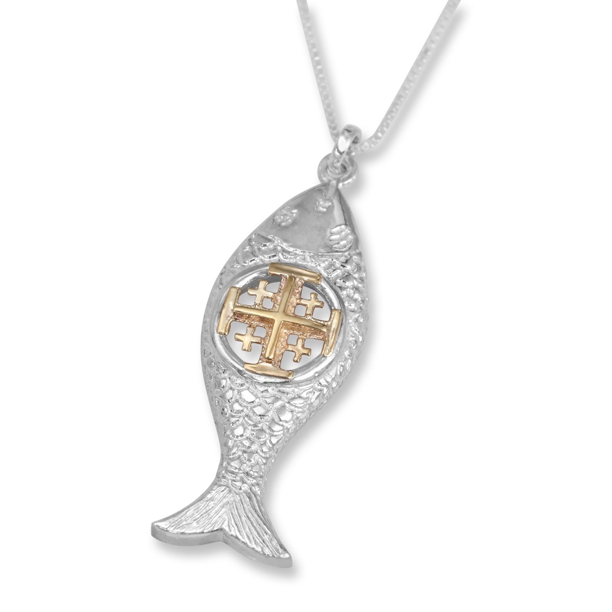 Sterling Silver and 9K Gold Gold Ichthus Fish Pendant with Jerusalem Cross and Diamonds - 1