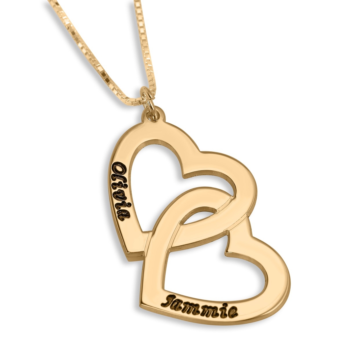 Gold Plated Interlocked Love Hearts Necklace - Up to 2 Names in English/Hebrew - 1