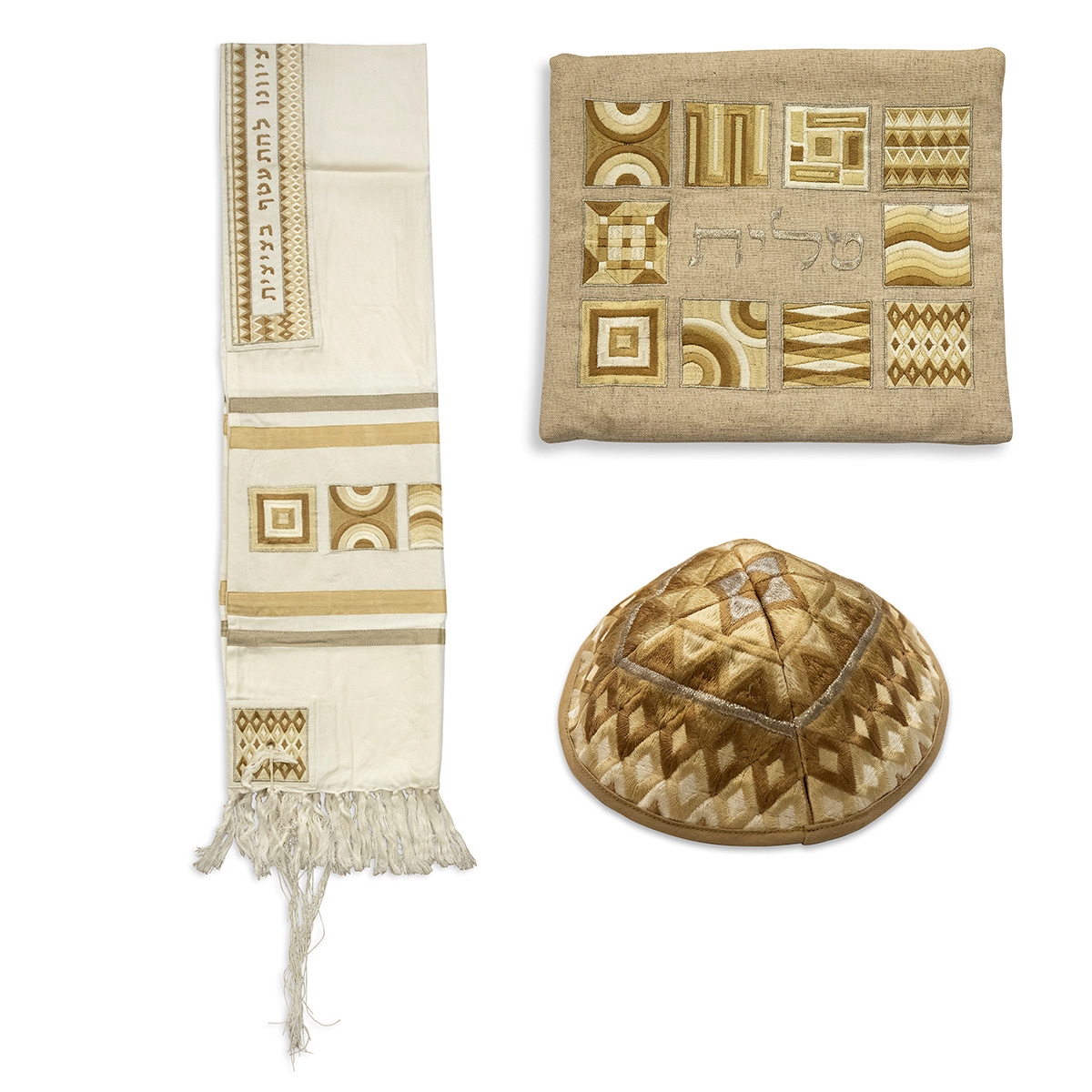 Yair Emanuel Embroidered Prayer Shawl (Tallit) Set With Gold Square Patterns - 1