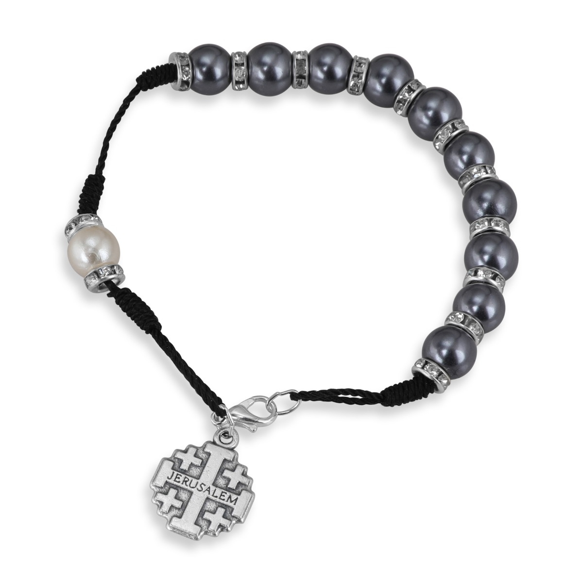 Holyland Rosary Black Pearl Beaded Rosary Bracelet With Jerusalem Cross Charm - 1